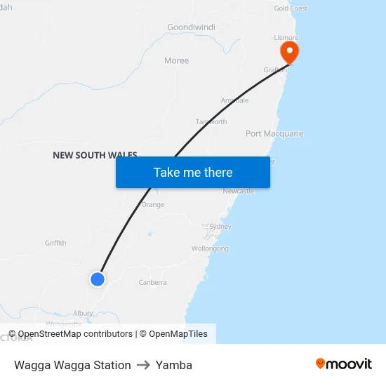 Wagga Wagga Station to Yamba map