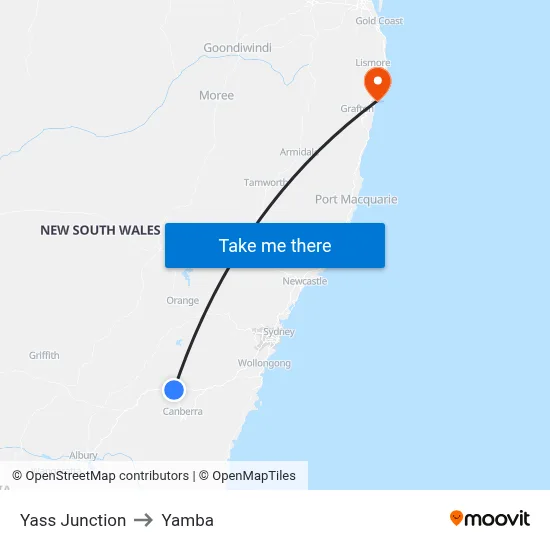 Yass Junction to Yamba map