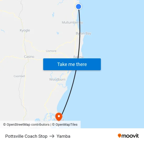 Pottsville Coach Stop to Yamba map