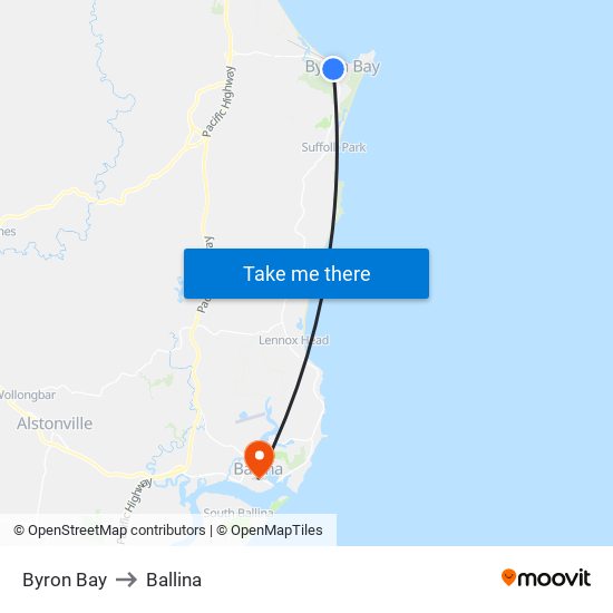 Byron Bay to Ballina map