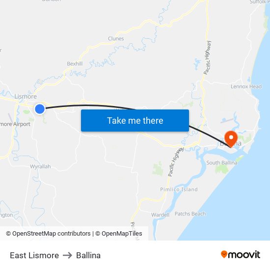 East Lismore to Ballina map