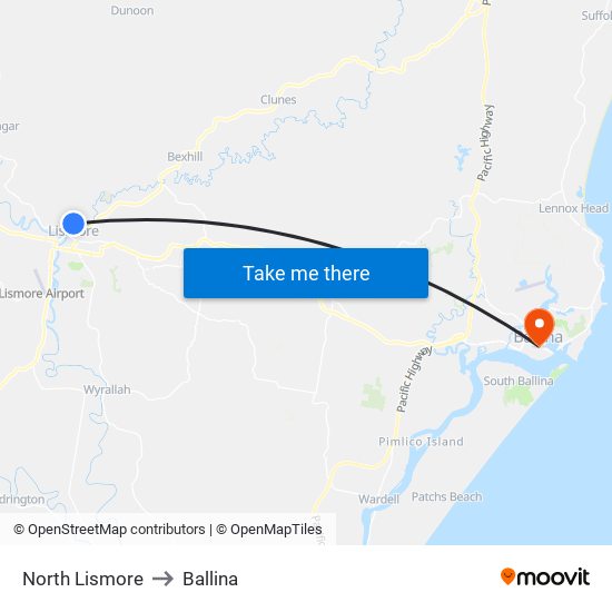 North Lismore to Ballina map