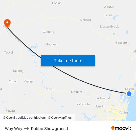 Woy Woy to Dubbo Showground map