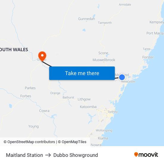 Maitland Station to Dubbo Showground map