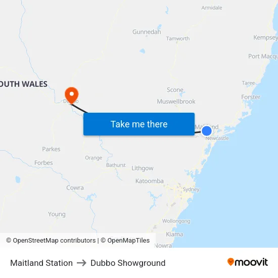 Maitland Station to Dubbo Showground map