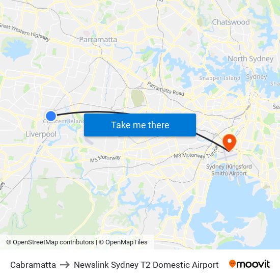 Cabramatta to Newslink Sydney T2 Domestic Airport map
