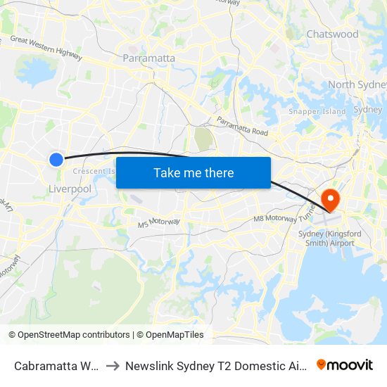 Cabramatta West to Newslink Sydney T2 Domestic Airport map