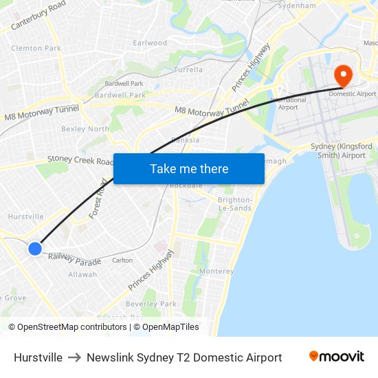 Hurstville to Newslink Sydney T2 Domestic Airport map