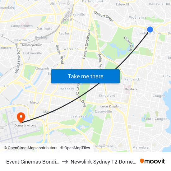 Event Cinemas Bondi Junction to Newslink Sydney T2 Domestic Airport map