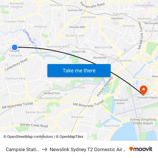 Campsie Station to Newslink Sydney T2 Domestic Airport map