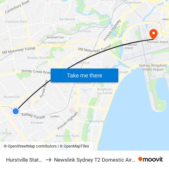 Hurstville Station to Newslink Sydney T2 Domestic Airport map