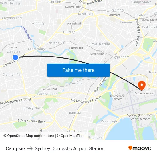 Campsie to Sydney Domestic Airport Station map