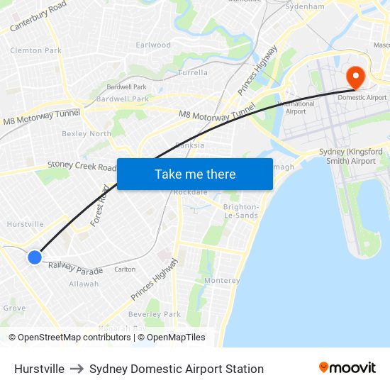 Hurstville to Sydney Domestic Airport Station map