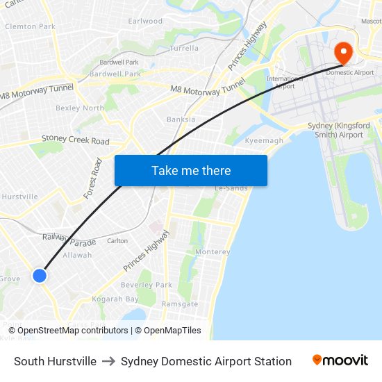 South Hurstville to Sydney Domestic Airport Station map
