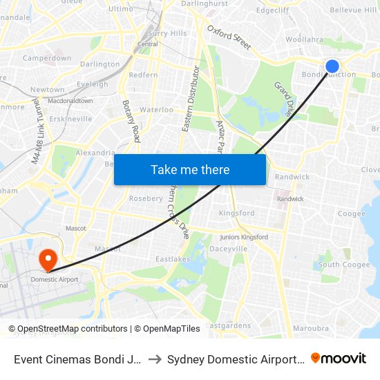 Event Cinemas Bondi Junction to Sydney Domestic Airport Station map