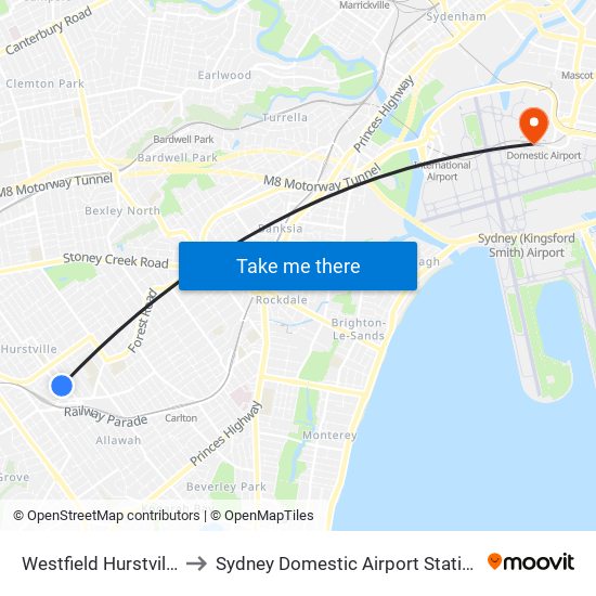 Westfield Hurstville to Sydney Domestic Airport Station map