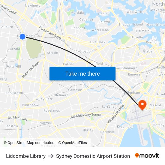 Lidcombe Library to Sydney Domestic Airport Station map