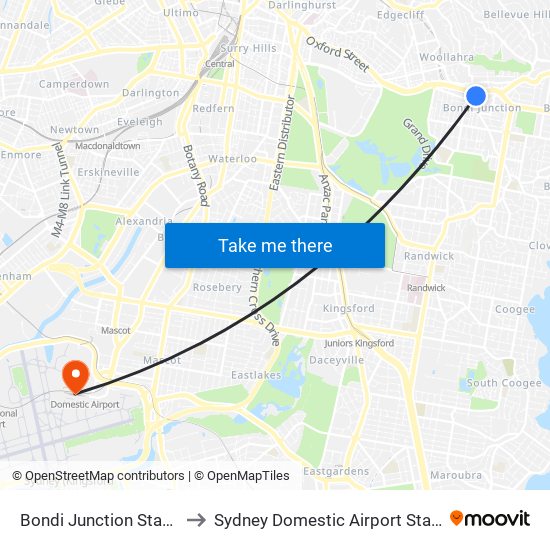 Bondi Junction Station to Sydney Domestic Airport Station map