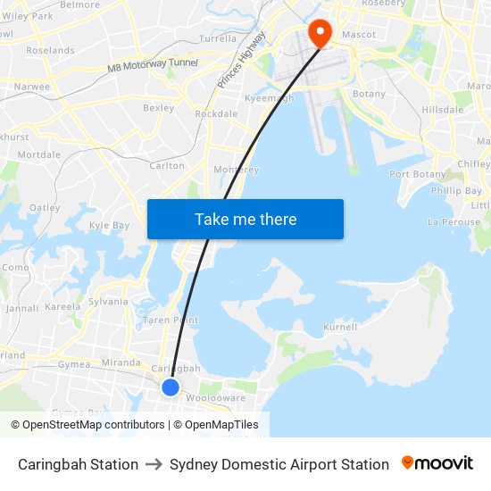 Caringbah Station to Sydney Domestic Airport Station map