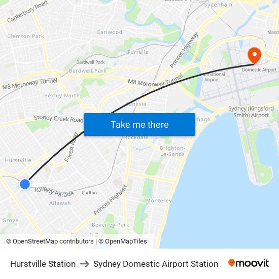 Hurstville Station to Sydney Domestic Airport Station map