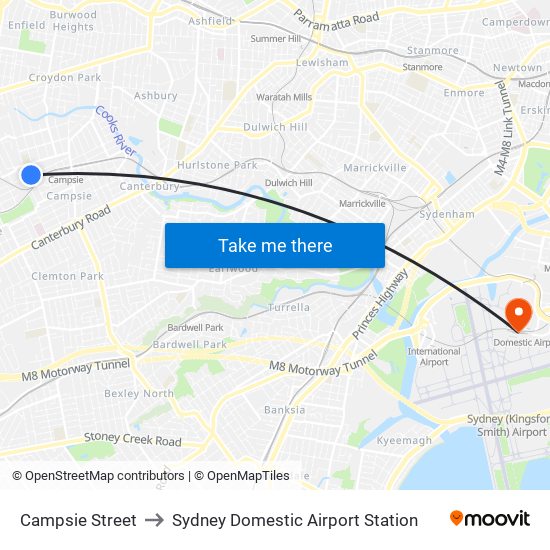 Campsie Street to Sydney Domestic Airport Station map