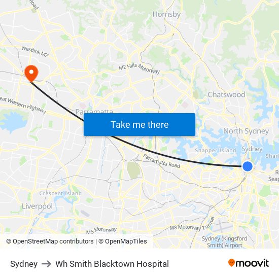 Sydney to Wh Smith Blacktown Hospital map