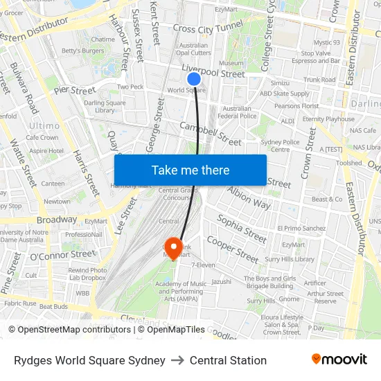 Rydges World Square Sydney to Central Station map