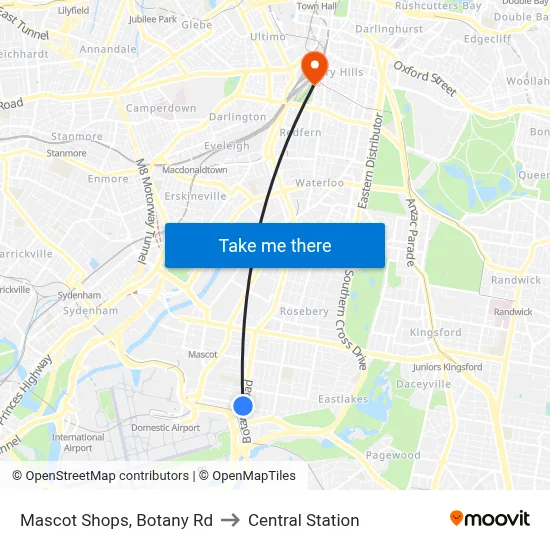 Mascot Shops, Botany Rd to Central Station map
