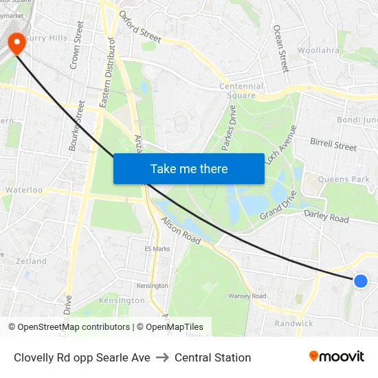 Clovelly Rd opp Searle Ave to Central Station map