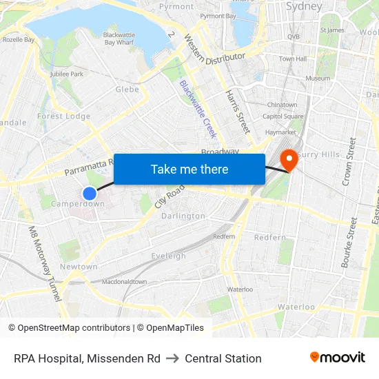 RPA Hospital, Missenden Rd to Central Station map