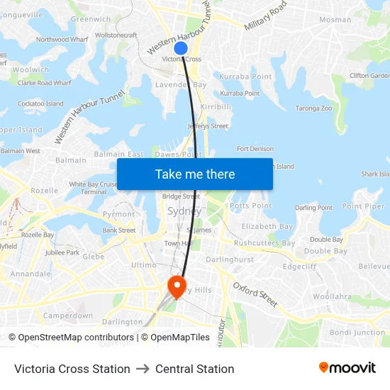 Victoria Cross Station to Central Station map