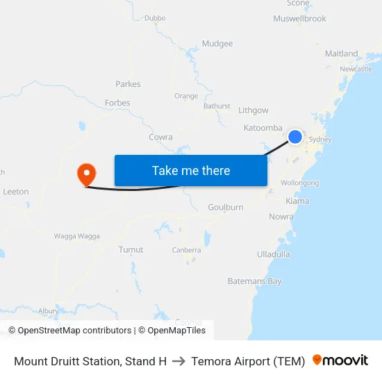 Mount Druitt Station, Stand H to Temora Airport (TEM) map