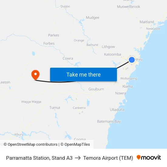 Parramatta Station, Stand A3 to Temora Airport (TEM) map