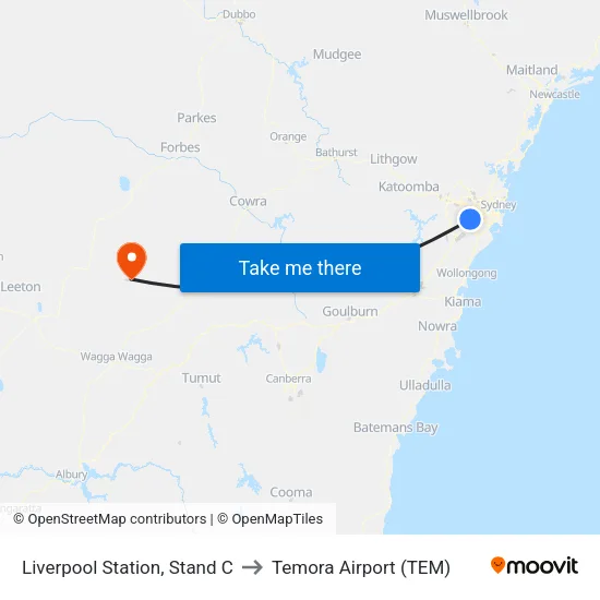 Liverpool Station, Stand C to Temora Airport (TEM) map