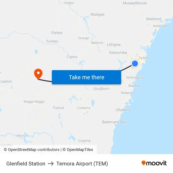 Glenfield Station to Temora Airport (TEM) map