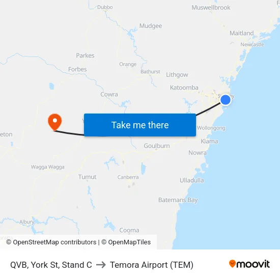 QVB, York St, Stand C to Temora Airport (TEM) map