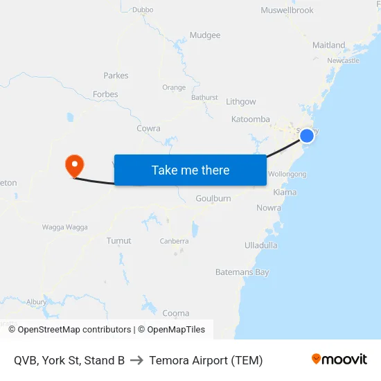 QVB, York St, Stand B to Temora Airport (TEM) map