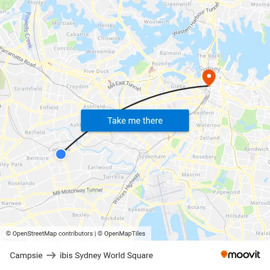Campsie to ibis Sydney World Square map