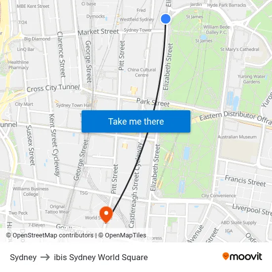 Sydney to ibis Sydney World Square map
