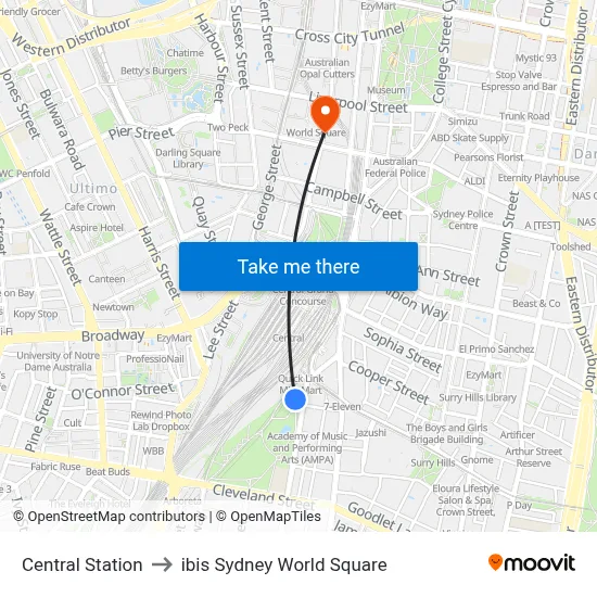 Central Station to ibis Sydney World Square map