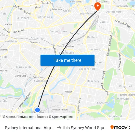 Sydney International Airport to ibis Sydney World Square map