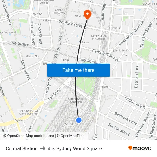 Central Station to ibis Sydney World Square map