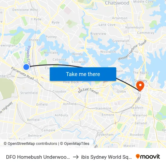 DFO Homebush Underwood Rd to ibis Sydney World Square map