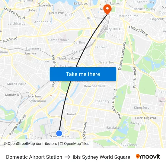 Domestic Airport Station to ibis Sydney World Square map