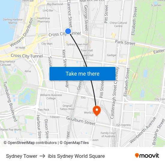 Sydney Tower to ibis Sydney World Square map