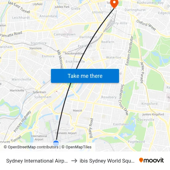 Sydney International Airport to ibis Sydney World Square map