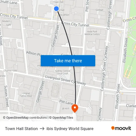 Town Hall Station to ibis Sydney World Square map