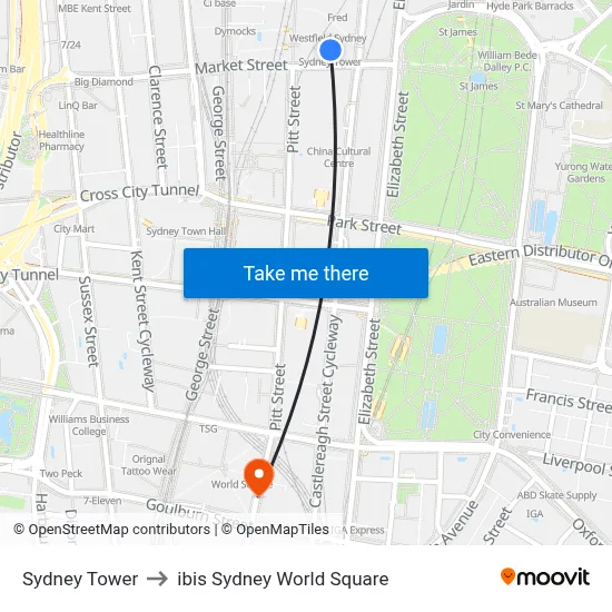 Sydney Tower to ibis Sydney World Square map
