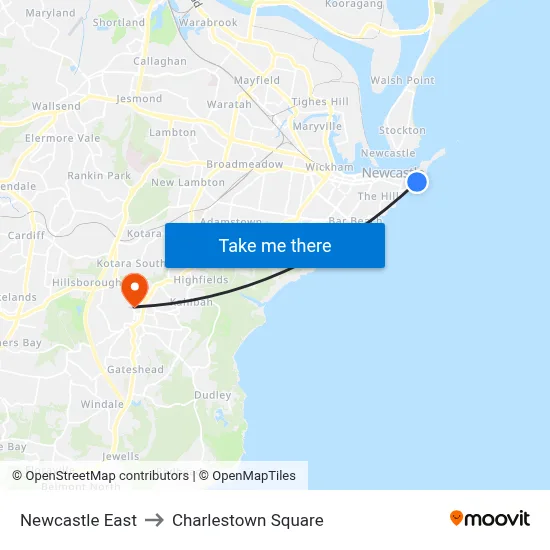 Newcastle East to Charlestown Square map