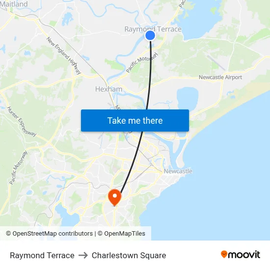 Raymond Terrace to Charlestown Square map